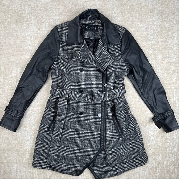 GUESS Women's Belted plaid wool and faux leather coat - Picture 1 of 16